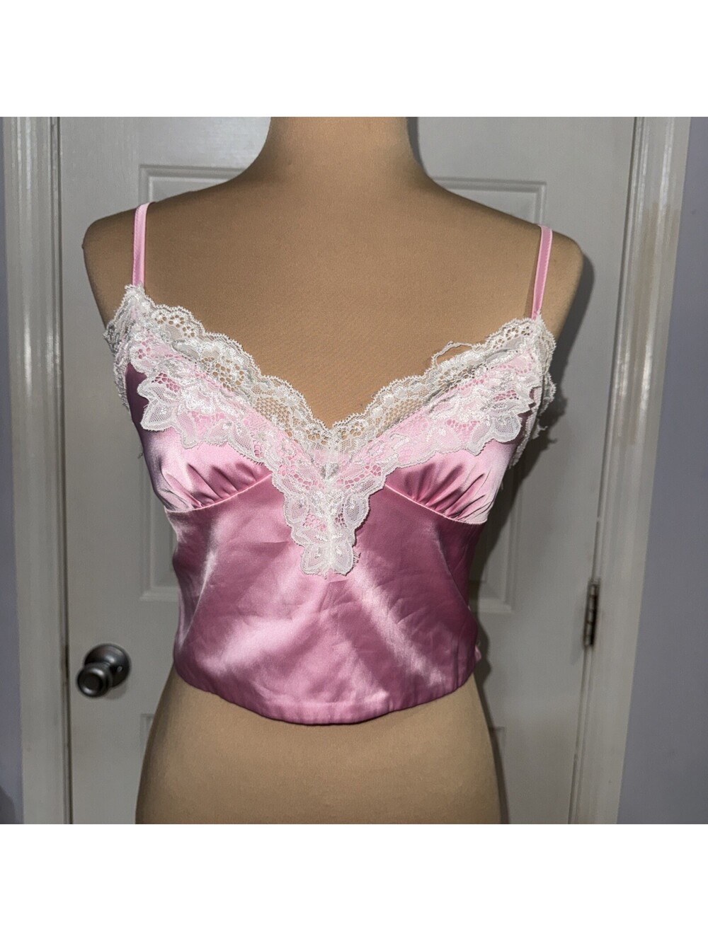Edikted Y2K Paris Pink Satin Crop Top Lace Trim Size Medium Sexy Cute